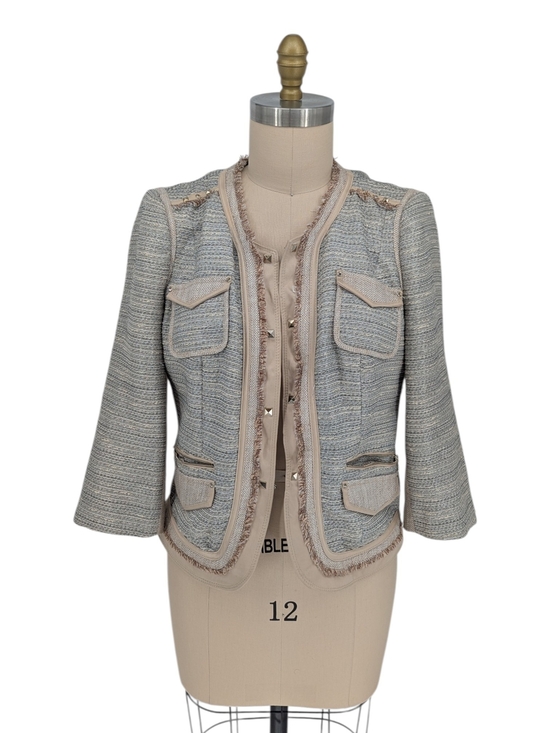 White House Black Market Jackets & Blazers - 00398 WHBM Tweed Fringe Pocket Jacket Cream Blue size 14 preppy Business casual